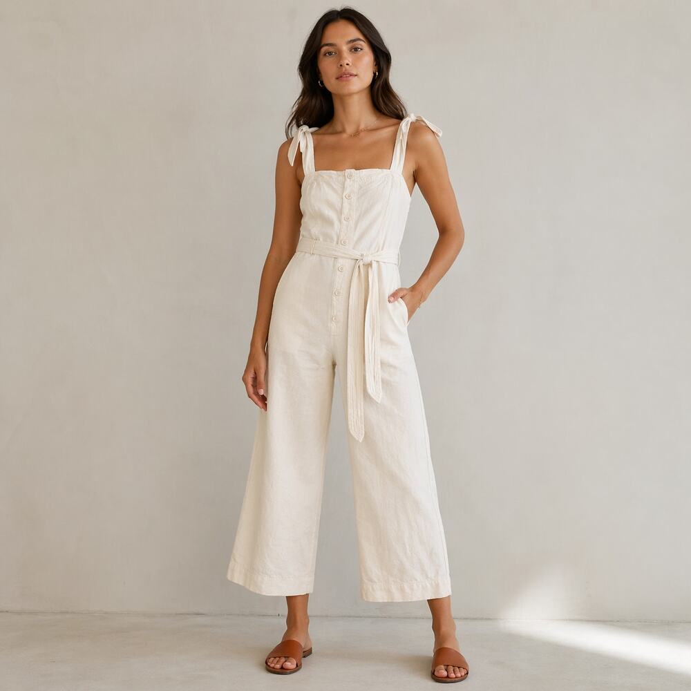 Apiece Apart Deia Jumpsuit Womens 2 Cream Linen/Cotton Sleeveless Cropped